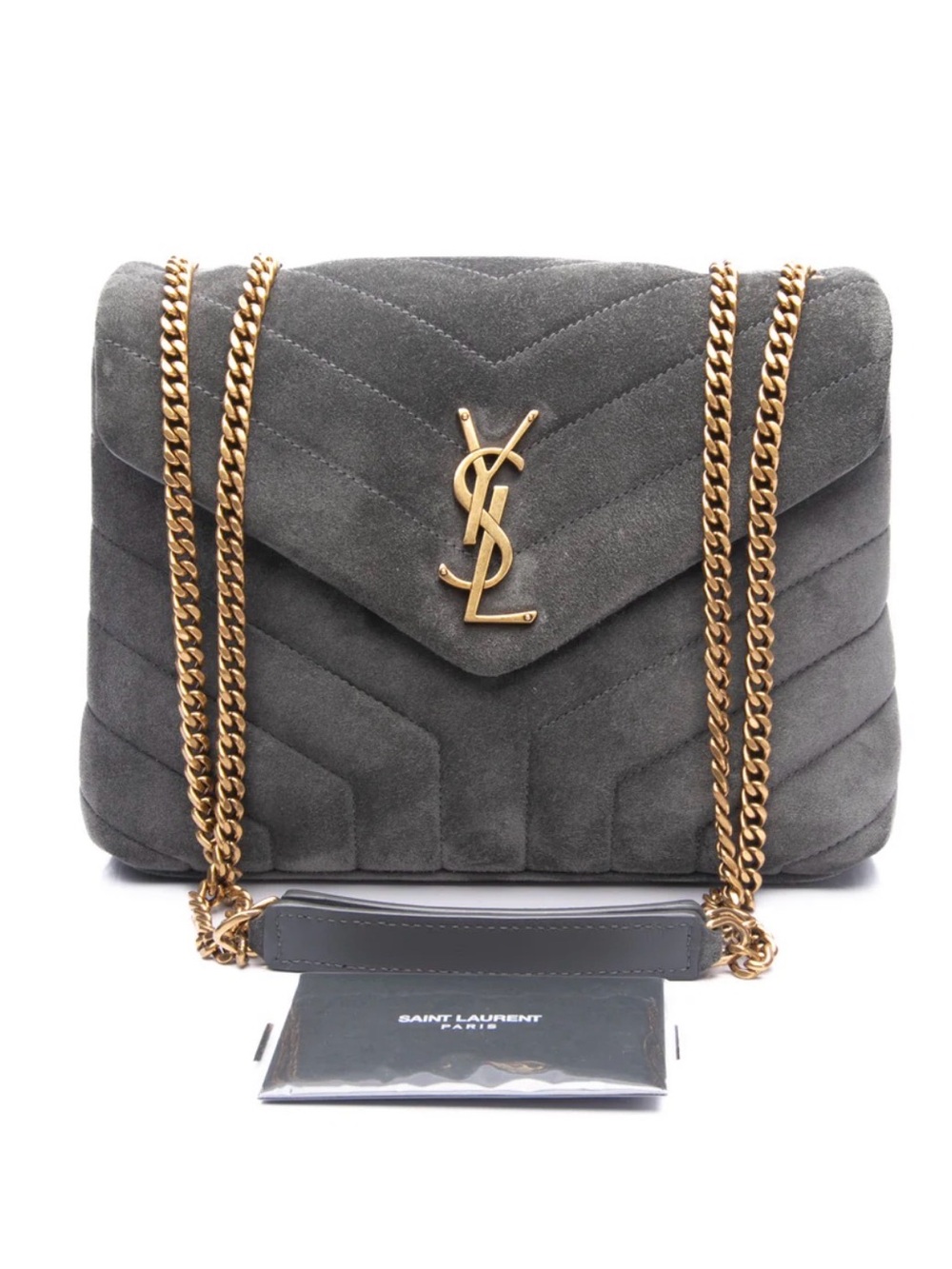Saint Laurent Grey Suede Chevron Quilted Shoulder Bag with Gold Chain